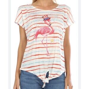 NWT One World Embellished Short Sleeved Tie Front Patriotic Flamingo Tee PL